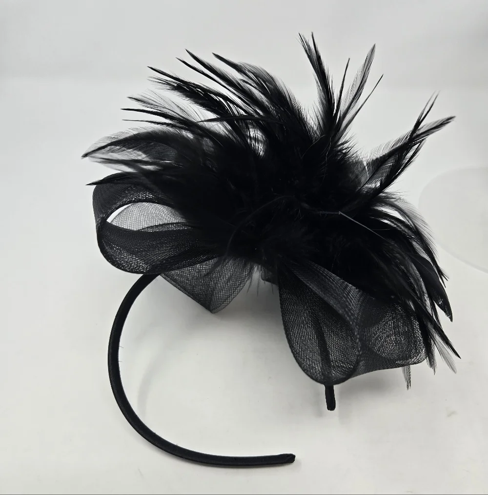 VINTAGE HANDMADE BLACK FASCINATOR HEADBAND HAIR ACCESSORY TULLE FEATHERS WOMEN